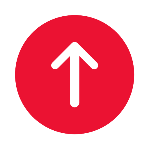 red circular icon featuring a thick black upward arrow at its center.